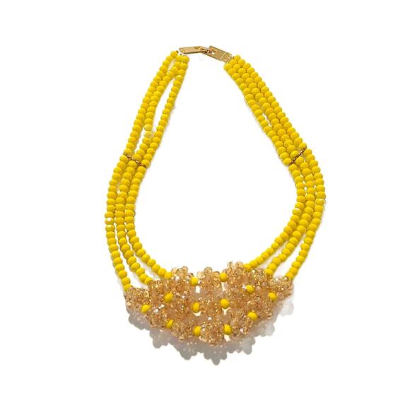 Vintage Yellow Glass Beaded Aurora Borealis 3 Strand Necklace, 1950s - Picture 1 of 10